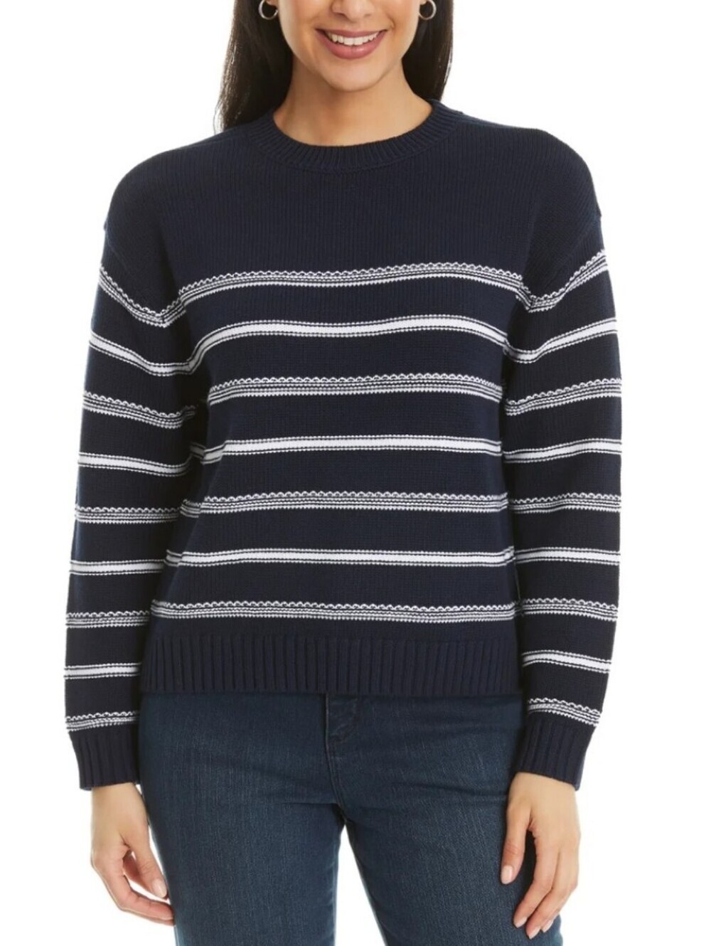 Ella Moss Navy White Striped Crewneck Sweater Womens Size Large Cotton Ribbed